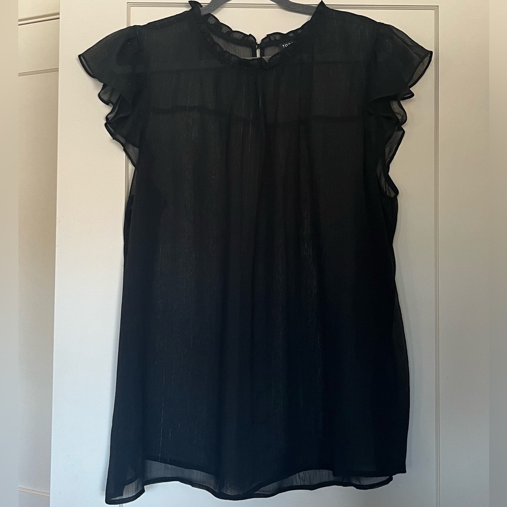 EUC Torrid Black sheer sleeveless top with ruffles- silver thread stripe size 2